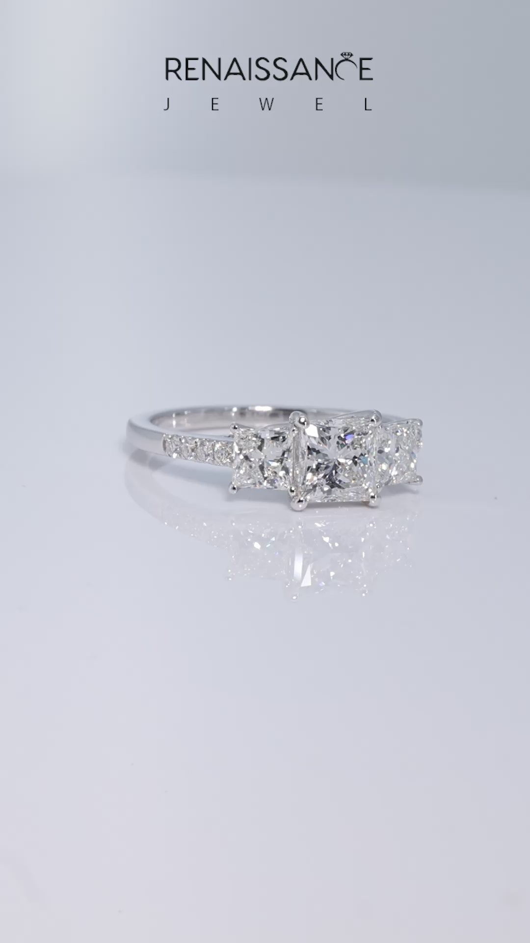 White gold Three-Stone Princess Cut Diamond Ring with Pavé Band and Prong Setting_40