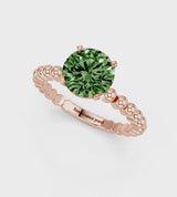 Rose gold Fancy Green Round Cut Diamond Solitaire Ring with Beaded Band and Prong Setting