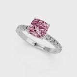Platinum Fancy Pink Cushion Cut Diamond Solitaire Pavé Band with Four-Prong Setting