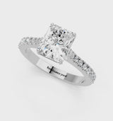 Silver Radiant Cut Solitaire Diamond Engagement Ring with Pave Band and Four-Prong Setting