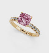 Yellow gold Fancy Pink Cushion  Solitaire Pave Diamond Engagement Ring with Four-Prong Setting