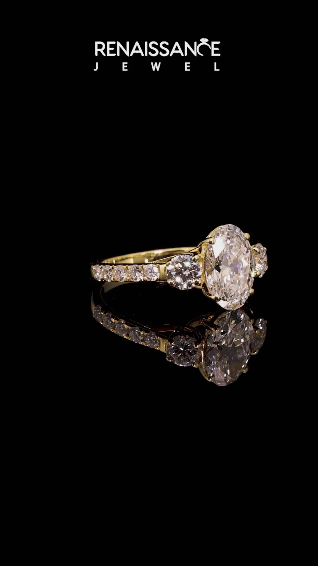 Yellow gold Oval Cut Three-Stone Diamond Pave Band with Prong Setting_61