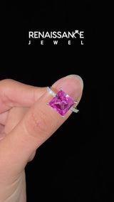 Silver Princess Cut Pink Sapphire Solitaire Ring with Round  Pavé Band and Prong Setting