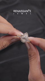Yellow gold Pear Halo Diamond Ring with Pavé Band and Three-Prong Setting