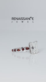 Silver Radiant Cut Diamond Ring with Marquise and Round with Garnet side stone Side Stones and Four-Prong Setting
