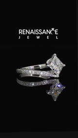 Platinum Princess Cut Solitaire Diamond Twist Band with Pavé Setting and Four-Prong Setting