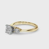 Yellow gold Three-Stone Cushion Cut Diamond Ring with Pear Side Stones and Four-Prong Setting