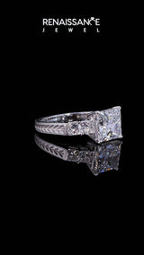 White gold Princess Solitaire Princess Side Stone Engraved Band Prong Setting Ring