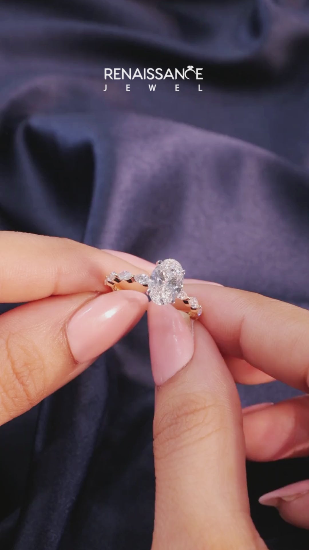 Yellow gold Oval Solitaire Marquise Side Stone Prong Setting Ring 3