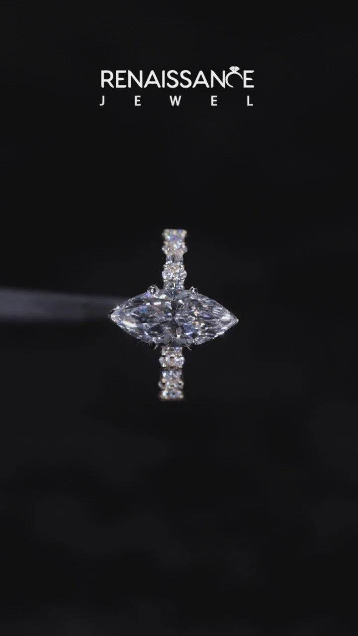 Yellow gold Marquise Solitaire with Side Stones, Pave Band, Four-Prong Setting 3