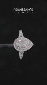 10K Rose Gold Double Halo 2.59 Carat F VS1 Pear-Shaped Split Shank Diamond Ring with Prong Setting