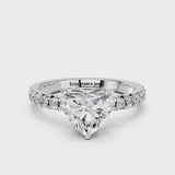 Silver Heart Solitaire Pave Diamond Engagement Ring with Four-Prong Setting
