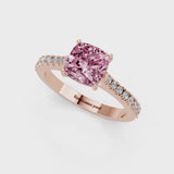 Rose gold Fancy Pink Cushion  Cut Solitaire Diamond Engagement Ring with Pave Band and Four-Prong Setting