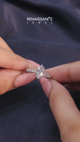 Silver Marquise Cut Diamond Cathedral Solitaire Ring with Round  Pavé Band