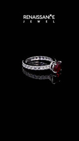 White gold Round Cut Ruby Solitaire Engagement Ring with Pavé Band and Four-Prong Setting