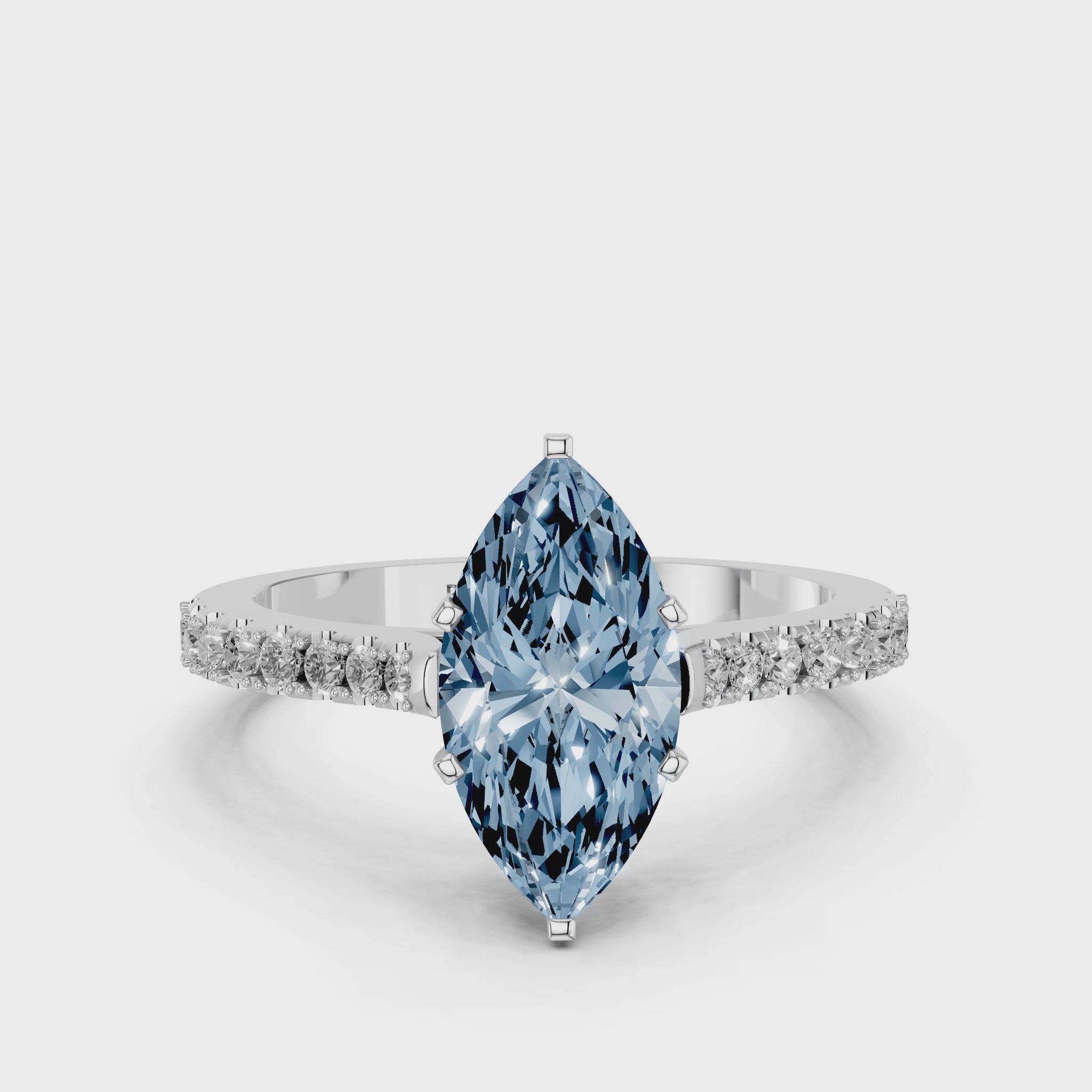 White gold Fancy Blue Marquise  Cut Solitaire Diamond Engagement Ring with Pave Band and Four-Prong Setting_74