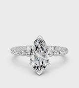 Silver Marquise Cut Diamond Solitaire Ring with Beaded Band and Prong Setting