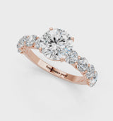 Rose gold Round Cut Diamond Prong Setting with Side Stones on a Pave Band