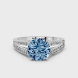 White gold Fancy Blue Round Cut Diamond Solitaire Engagement Ring with Split Shank Pavé Band