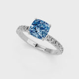 White gold Fancy Blue Cushion Cut Diamond Solitaire Pavé Band with Four-Prong Setting