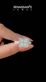 White gold Emerald Cut Pave Diamond Engagement Ring with Channel Set Band and Four-Prong Setting