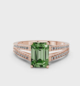 Rose gold Fancy Green Emerald Cut Diamond Solitaire Engagement Ring with Split Shank Pavé Band