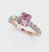 Rose gold Fancy Pink Radiant Cut Diamond Prong Setting with Side Stones on a Pave Band