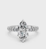 Silver Marquise Solitaire Pave Diamond Engagement Ring with Four-Prong Setting