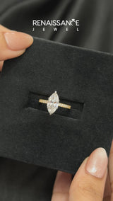 Yellow gold Marquise Cut Diamond Milgrain Pavé Engagement Ring with Four-Prong Setting