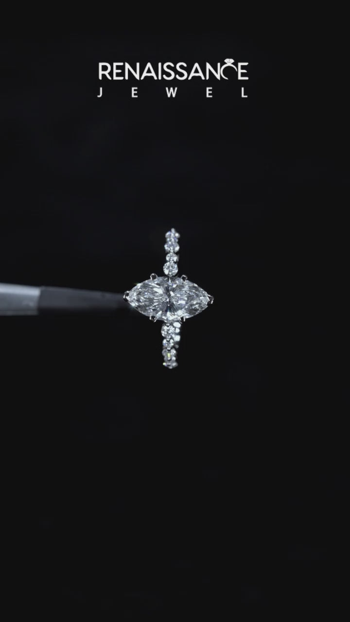 Platinum Marquise Diamond Prong Set Engagement Ring with Pave Band 4