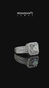 Silver Cushion Cut Halo Moissanite Ring with Round  Split Shank and Prong Setting