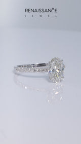Silver Oval Cut Diamond Solitaire Ring with Round  Pavé Band and Prong Setting