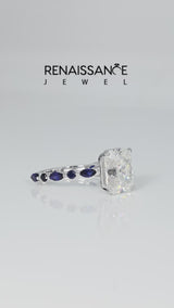 Silver Radiant Cut Diamond Ring with Marquise and Round with Blue Sapphire side stone Side Stones and Four-Prong Setting
