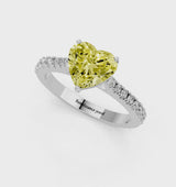 Silver Fancy Yellow Heart  Cut Solitaire Diamond Engagement Ring with Pave Band and Four-Prong Setting
