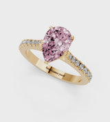 Yellow gold Fancy Pink Pear  Cut Solitaire Diamond Engagement Ring with Pave Band and Four-Prong Setting