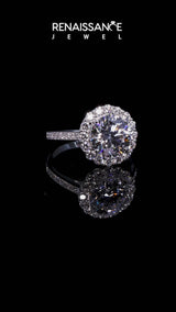 Silver Oval Cut Diamond Floral Halo Ring with Pavé Band and Prong Setting