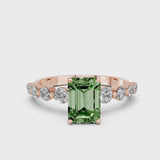 Rose gold Fancy Green Emerald Cut Solitaire Diamond Ring with Pave Band and Four-Prong Setting
