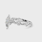 Silver Marquise Solitaire Bezel-Set Diamond Ring with Beaded Band and Four-Prong Setting