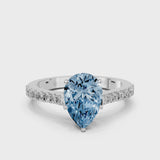 White gold Fancy Blue Pear  Cut Solitaire Diamond Engagement Ring with Pave Band and Four-Prong Setting