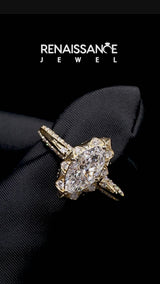 Yellow gold Marquise Halo Split Shank Pave Diamond Ring with Petal Prong Setting