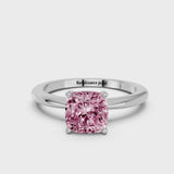 Silver Fancy Pink Cushion Cut Diamond Solitaire Ring with Six-Prong Setting and Classic Band