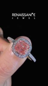 White gold Fancy Pink Cushion Cut Diamond Halo Ring with Split Shank and Four-Prong Setting