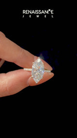 Yellow gold Marquise Cut Diamond Solitaire Ring with Round  Pavé Band and Four-Prong Setting