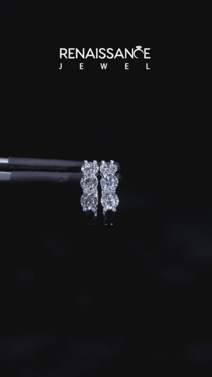 White gold Triple Round Diamond Huggie Earrings with Prong Setting 4