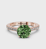 Rose gold Fancy Green Round  Cut Solitaire Diamond Engagement Ring with Pave Band and Four-Prong Setting