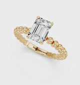 Yellow gold Emerald Cut Diamond Solitaire Ring with Beaded Band and Prong Setting