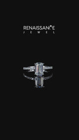 Silver Emerald Cut Diamond Solitaire Ring with Pavé Accents and Four-Prong Setting