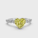Silver Fancy Yellow Heart Cut Solitaire Diamond Ring with Pave Band and Four-Prong Setting