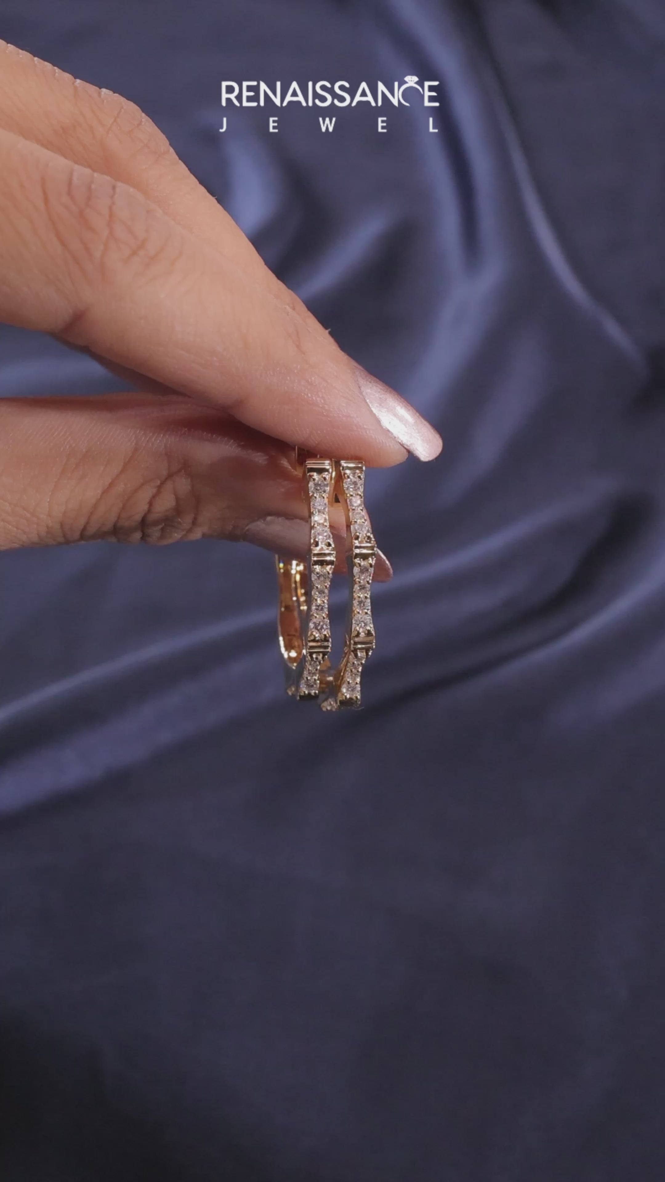 Yellow gold Round Diamond Pavé Bamboo Hoop Earrings with Four-Prong Setting 3