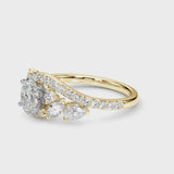 Yellow gold Oval Diamond Halo Ring with Marquise and Pavé Band in Prong Setting